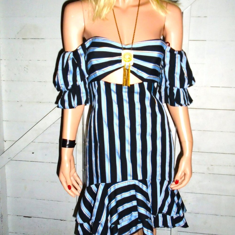 WAYF Black Blue Striped Off Shoulder Dress S